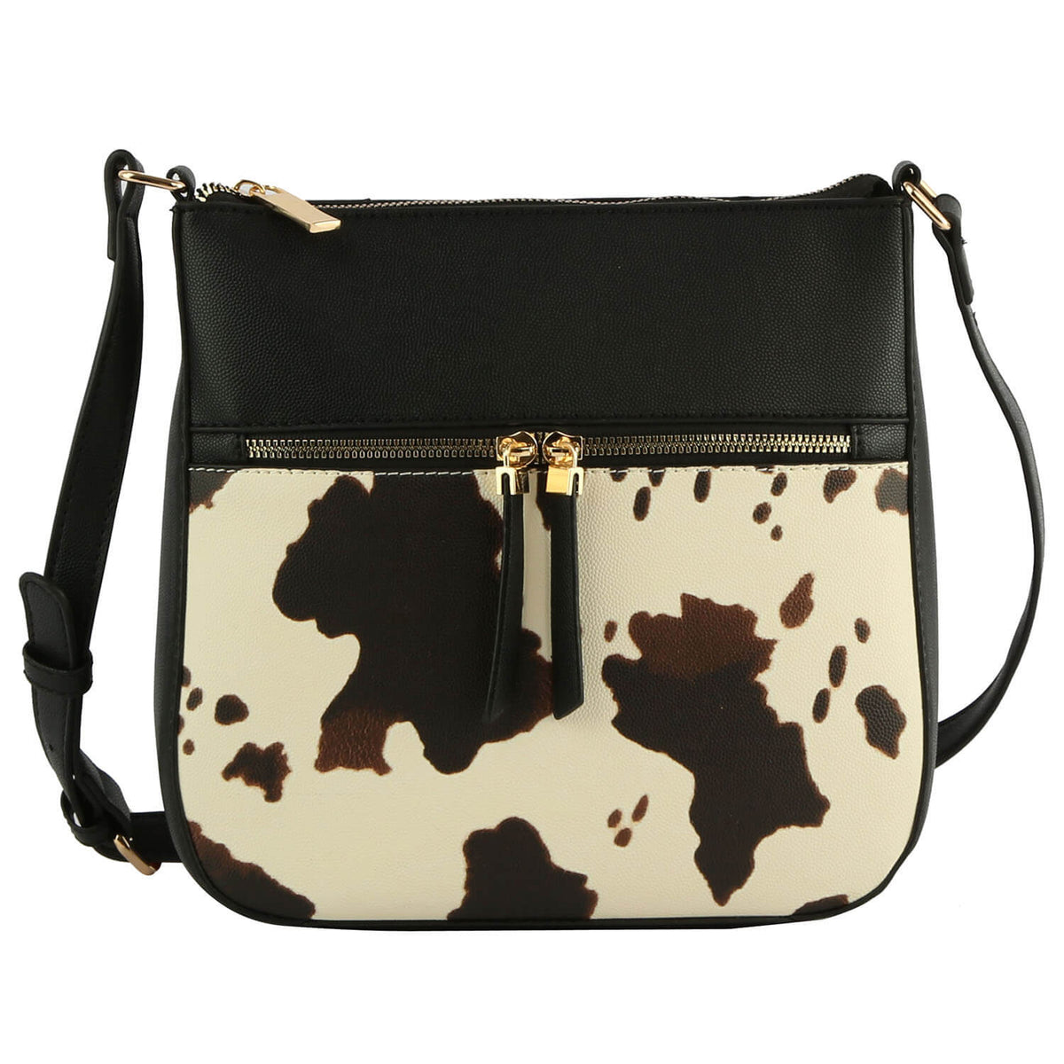 Black & Cow pattern, vegan leather crossbody bag. Doerner's